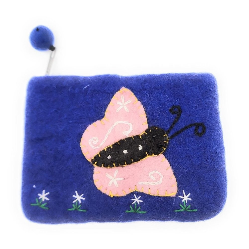 Handmade Wool Felt Coin Purse + Colorful Applique  + Zipper Close Made in Nepal